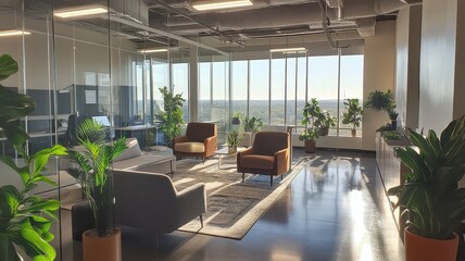 Fototapeta premium A modern office interior with large glass windows, comfortable seating, and greenery, offering a bright and inviting workspace with a stunning view.