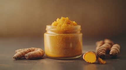 Vibrant Turmeric Paste in Glass Jar Surrounded by Fresh Turmeric Roots, Showcasing Natural Ingredients for Health and Culinary Uses on a Rustic Background