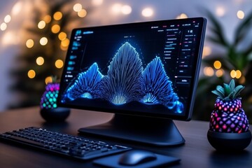 Vibrant 3D illustration of a futuristic financial dashboard with holographic graphs in neon light