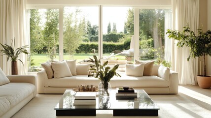 A bright and airy living room featuring a white sofa, large windows with greenery outside, and a stylish coffee table.