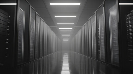 futuristic data center with rows of servers and dim lighting creates high tech atmosphere. sleek design and reflective floor enhance modern feel