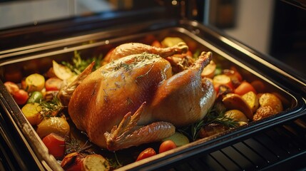 Naklejka premium Glorious golden-brown roasted turkey in the oven, vegetables on the tray and herbs for added flavor