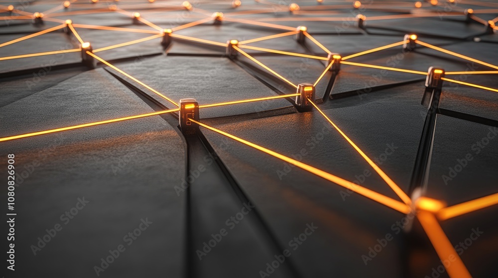 Poster abstract digital network with glowing orange lines and geometric nodes on dark surface representing 