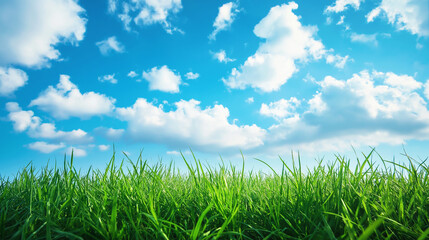 Fototapeta premium Fresh green grass under a bright blue sky with fluffy white clouds symbolizing a perfect summer day