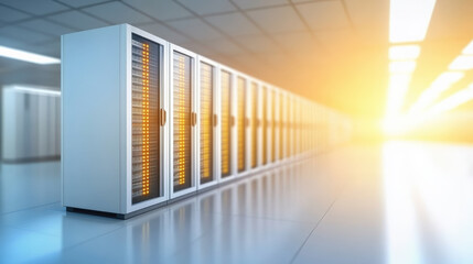 Digital server arrays in modern data center, illuminated by warm light, create futuristic atmosphere. sleek design and organized layout enhance technological feel