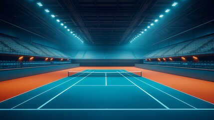 A Modern Indoor Tennis Court with Bright Lights and Empty Stands, Showcasing a Vibrant Blue and Orange Color Scheme for Sports Enthusiasts and Photographers