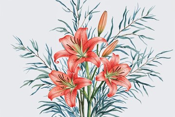 Coral Lilies and Willow Branches Watercolor Floral Design for Elegant Event Decor