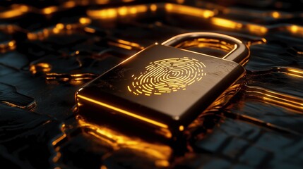Golden padlock with fingerprint design glowing against a dark metallic background, symbolizing security, privacy, and advanced technology in digital data protection