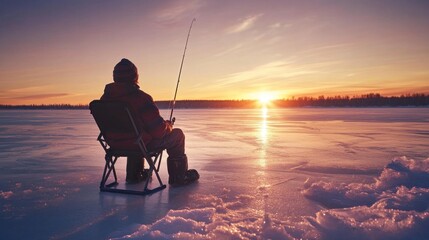 Fototapeta premium A man sits in a chair on a frozen lake, fishing