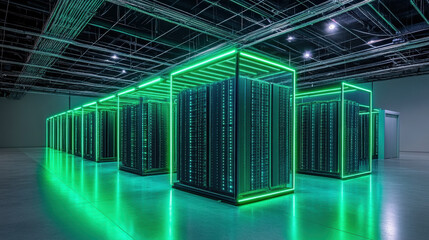 hyper modern data center featuring illuminated server racks in green light, showcasing advanced technology and futuristic design. space is vast and organized, emphasizing efficiency and innovation