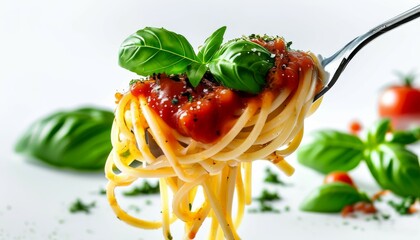 navy pasta with tomato sauce and green basil leaf strung on a fork, on a white background