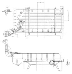 Petrol tank of cargo vehicle.
Engineering mechanical drawing of automotive
device. Industrial cad scheme on white paper sheet. 
Technology design of machine building industry. 
Machined template.