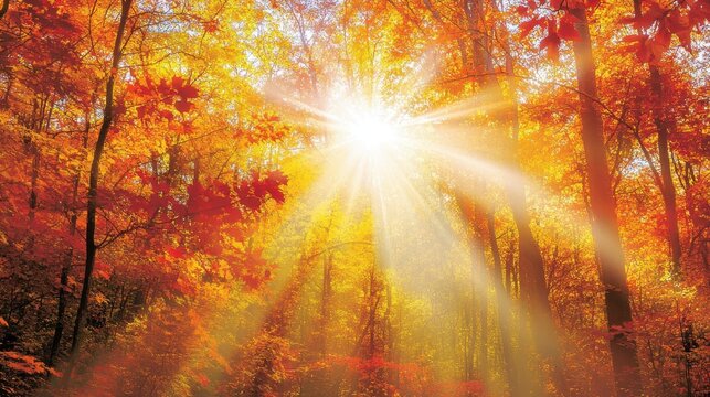 Golden sunlight streaming through a forest of autumn trees