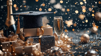 Black graduation cap and diploma with shiny golden starry sparkling embellishments, champagne bottle and glass for celebration. Graduation party concept background banner and website design template