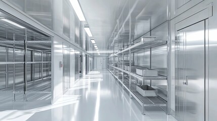 Obraz premium Sterile, White-Walled Corridor with Metal Shelving and a Door