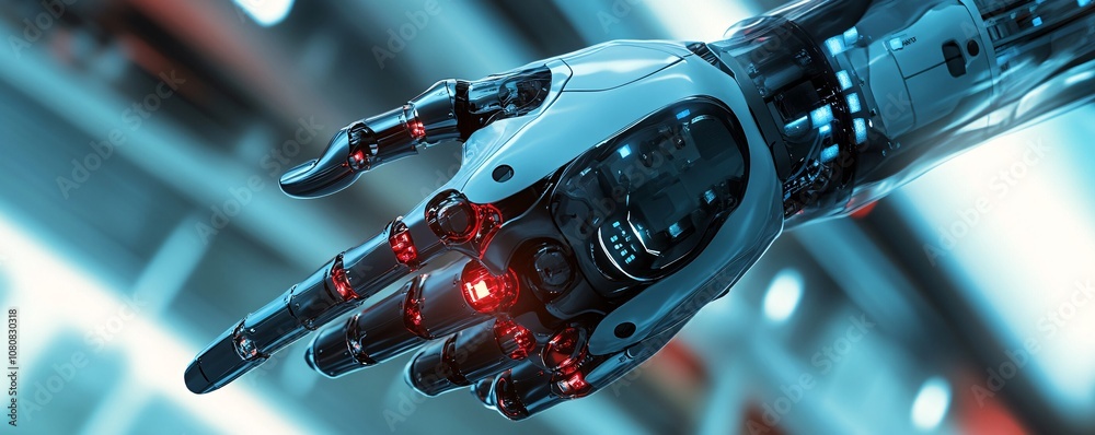 Fototapete robotic arm pointing with index finger in futuristic setting
