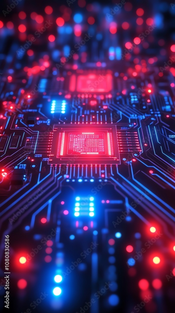 Poster A close-up of a circuit board with glowing red and blue lights, highlighting the central processing unit.