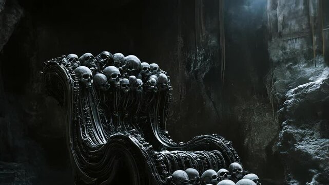 Sinister throne crafted from human bones stands ominously in a dark cave, evoking feelings of horror and dread. Shadows dance around, enhancing the eerie atmosphere