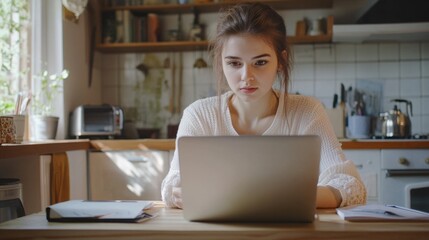 Young businesswoman manage business from home on remote, freelancer using laptop sit kitchen table on self-quarantine, work over personal growth, apply for online courses to learn new skills