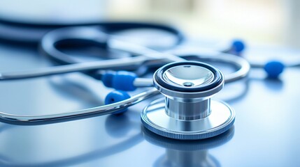 Stethoscope lying on reflective surface symbolizing healthcare and medical examination