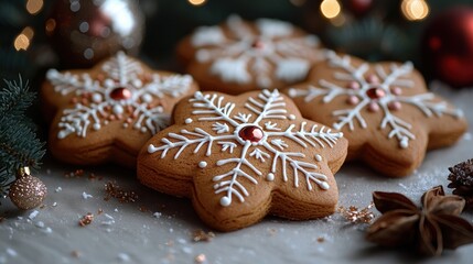 Festive gingerbread cookies adorned with icing snowflakes capture holiday spirit