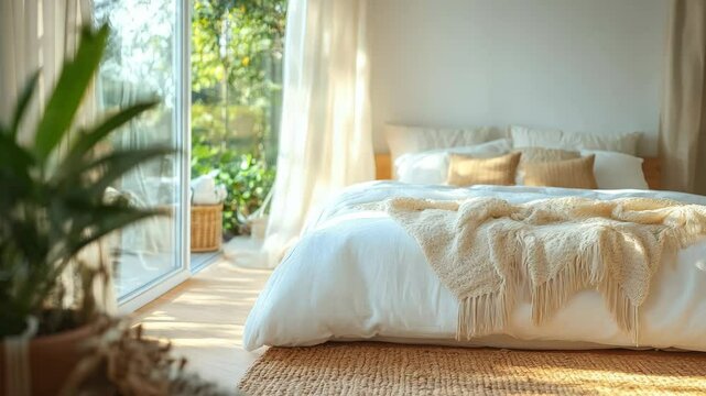 Bright and cozy bedroom interior with white bedding and soft natural light in warm color tones Video