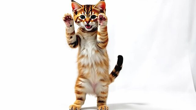 seamless loop animation of happy ginger cat dancing on white background, celebrating winner dance, kitten moving its paws
