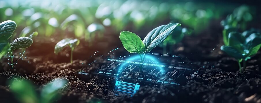 Agricultural technology improves agriculture through more efficient management practices. Aerial View of Crop Field with Digital Overlay