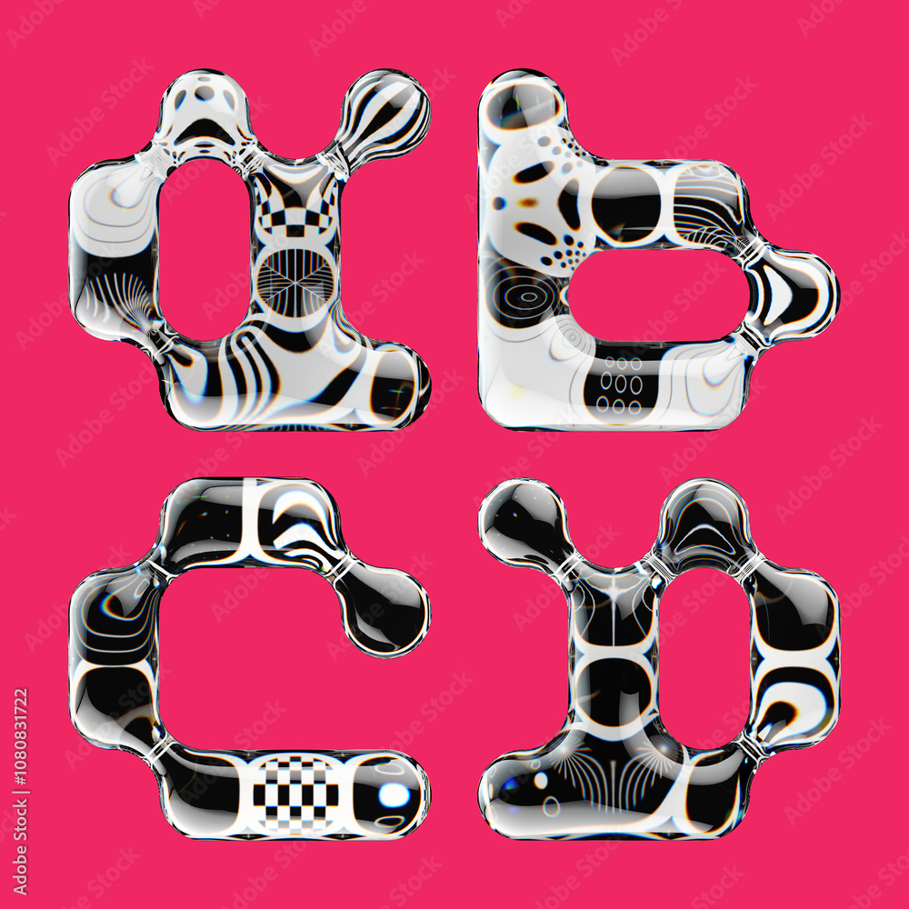 Poster set of 3d rendered font with abstract geometric shape and graphic pattern fill