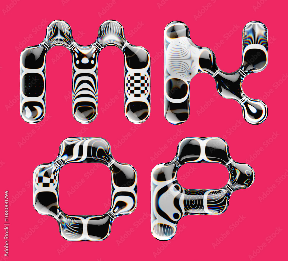 Poster set of 3d rendered font with abstract geometric shape and graphic pattern fill