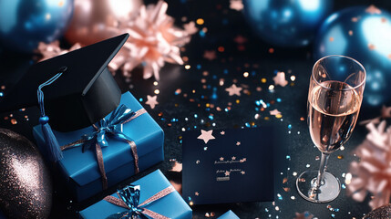 Pink Blue themed graduation cap and diploma with starry embellishments, champagne bottle and glasses for celebration. Graduation party concept background banner and website design template