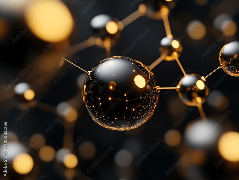 Aufkleber a close-up of a molecular structure made of shiny metallic spheres connected by thin golden rods, wi