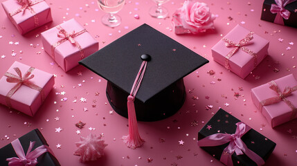 Pink girly graduation cap and diploma with starry embellishments, champagne bottle and glasses for celebration. Graduation party concept background banner and website design template
