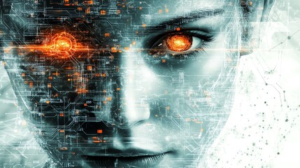 A close-up of a woman's face, digitally altered to show glowing, red eyes and a circuit board pattern over her face.