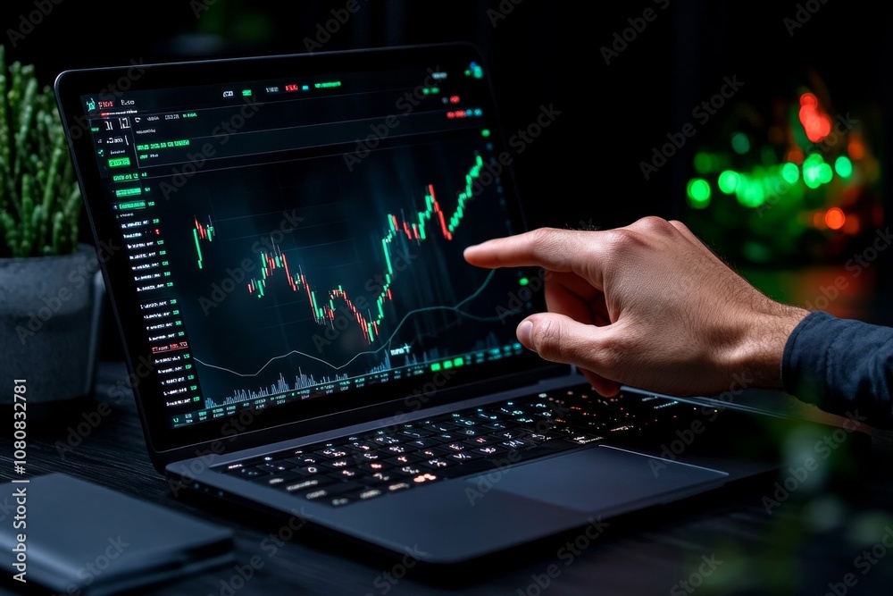Poster A close-up of a hand pointing at a financial graph on a laptop screen in an office environment showing intense focus
