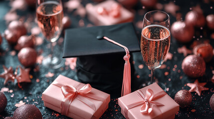 Golden graduation cap and diploma with starry embellishments for celebration. Graduation party concept background banner and website design template