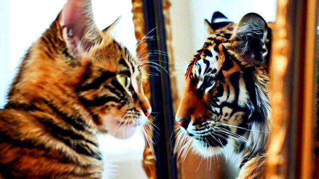 cute little cat looking at the tiger in the reflection of the mirror