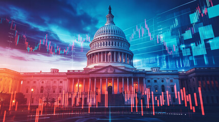 Political and financial theme with Capitol Building and stock graphs overlay, representing economic policy effects