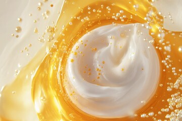 White cream with gold flecks in orange liquid.