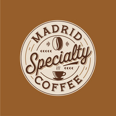 A circular logo with a vintage, retro aesthetic and a contemporary touch. The logo is for a specialty coffee shop in Madrid. The background
is a warm, earthy color