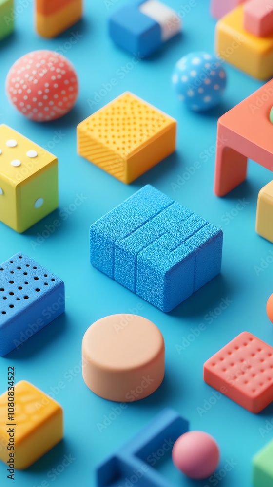 Poster a collection of colorful 3d geometric shapes arranged on a blue background.