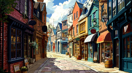 Naklejka premium A charming cobblestone street lined with colorful shops on a sunny day.