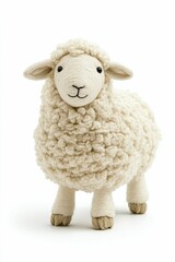 Fototapeta premium A fluffy white sheep toy stands on white.