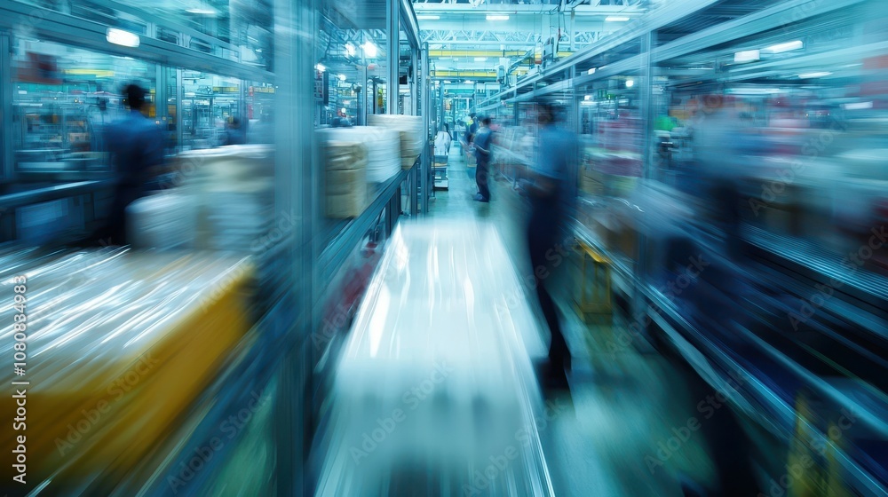 Poster busy assembly line with workers efficiently handling products in a fast-paced environment, showcasin