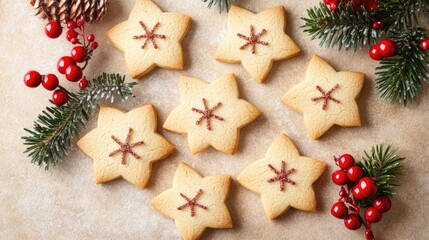 Fototapeta premium Star-shaped Christmas Cookies with Red Sugar Sprinkles and Festive Decorations