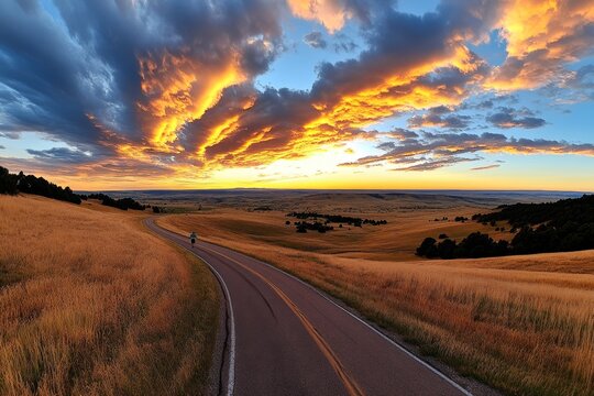A lone runner silhouetted against a dramatic sunset, with an open road ahead and vast skies