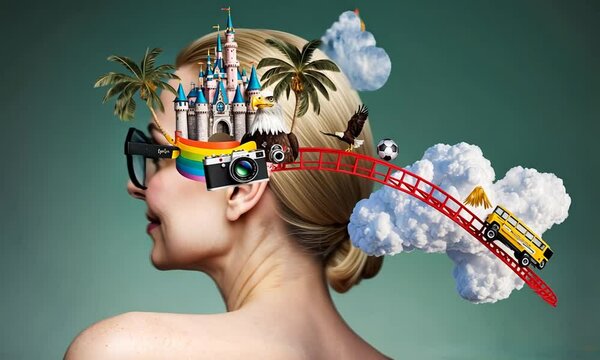 A whimsical journey through imagination featuring fantasy landmarks and playful elements in a vibrant setting
