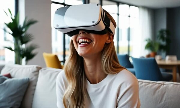 Woman enjoying virtual reality gaming at home in a bright, modern living room during the afternoon