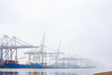 Fototapeta premium Containerhafen Rotterdam im Nebel