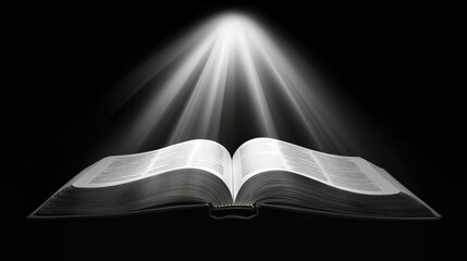 Open book with gently curved pages, light shining down from above on a black background